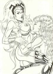 2girls crossover dc earrings female interspecies koriand'r marvel marvel_comics monochrome multiple_girls ororo_munroe peter_temple starfire storm_(x-men) teen_titans tiara x-men yuri