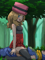 1boy 1girls awa black_hair black_thighhighs blonde_hair blue_eyes breasts clothed_sex cowgirl_position creatures_(company) dagger_(artist) forest game_freak hat jacket looking_at_viewer lying miniskirt moaning nature nintendo no_shoes open_mouth outdoors pants pants_pull pink_headwear pleated_skirt pokemon pokemon_(anime) porkpie_hat red_skirt serena_(pokemon) sex skirt smile smug spread_legs straddling thighhighs thighs third-party_edit tree zettai_ryouiki