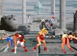 animated artist_request athena_asamiya chun-li clothing crossover darkstalkers female final_fight gif human king_of_fighters large_breasts lilith_aensland mai_shiranui maki_genryusai morrigan_aensland pixel_art spanking street_fighter yuri