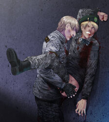 2boys against_wall alfred_jones america_(hetalia) axis_powers_hetalia bleeding blood bruise combat_boots dagger fingerless_gloves gay hate_sex ivan_braginski male/male male_only military_uniform nosebleed pinned questionable_consent russia_(hetalia) violence yaoi