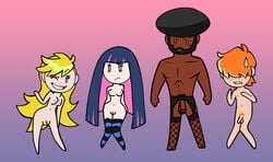 2boys 2girls afro blonde_hair briefers_rock chibi dark-skinned_male edit eyes_covered freckles garterbelt_(psg) humon lineup looking_at_viewer multicolored_hair nude orange_hair panty_&_stocking_with_garterbelt panty_anarchy penis pubic_hair shitty_edit simple_background smile stocking_anarchy unshaved_pussy