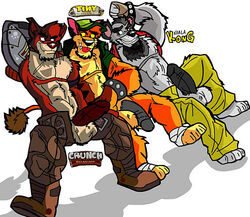 2011 3boys anthro bandicoot clothing crash_(series) crunch_bandicoot fur interspecies koala_kong male male_only mammal marsupial multiple_males racthetmechanic sitting tagme tiger tiny_tiger