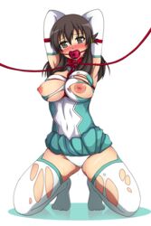 arms_behind_head ball_gag blush bodysuit bondage breast_bondage breasts brown_eyes brown_hair collar drooling elbow_gloves female gag gagged kneeling kyouno_madoka leash long_hair looking_at_viewer nipples panties rinne_no_lagrange rope saliva skirt skirt_pull solo sweat tear thighhighs torn_clothes torn_thighhighs yuzumiya_mono