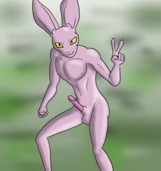 abstract_background animal_genitalia balls boner dragon_ball dragon_ball_super dyspo erection lagomorph male male_only mammal nude penis purple_skin rabbit sheath solo solo_male unknown_artist