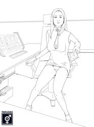 1girls asian cd cleavage emily_wong female female_only human human_only long_hair looking_at_viewer mass_effect no_color no_panties reporter sitting sitting_down spread_legs tagme triplehex