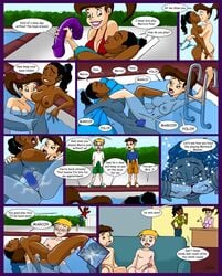 2boys 2girls age_difference comic dark-skinned_female dildo double_fellatio double_penetration fellatio fingering mascot milf mother pale-skinned_female pale-skinned_male pool selrock speech_bubble tagme text yuri