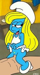 atnog blue_skin bottomless dress female interspecies male sex side_view smurfette straddling straight tagme the_smurfs toony