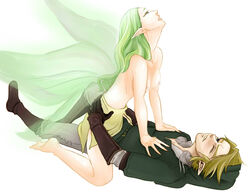 1boy 1boy1girl 1girls blonde_hair blue_eyes breasts cowgirl_position fairy female female_on_top girl_on_top great_fairy great_fairy_(twilight_princess) green_hair link link_(twilight_princess) long_hair male nintendo nipples on_top pointy_ears ride riding the_legend_of_zelda topless twilight_princess white_background wince wings