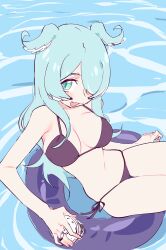 bikini black_bikini blue_hair boba_tea breasts bubble_tea cleavage dragon_girl elira_pendora hair_over_one_eye head_wings imnoteds innertube navel nijisanji nijisanji_en no_mole open_mouth sitting swimsuit swimwear virtual_youtuber water