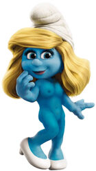 4_fingers blonde_hair blue_eyes blue_nipples blue_skin breasts closed_mouth female female_only footwear hair hat jpsimpson81 lipstick looking_at_viewer makeup navel nipples nude open_eyes pussy shoes small_breasts smile smurf smurfette solo standing the_smurfs white_background