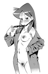 1girls abemorioka areola breasts coat_only crayon_shin-chan female grayscale hairy_pussy human large_breasts long_hair looking_at_viewer mob_face monochrome naked_coat navel_piercing nipple_piercing nipples open_clothes open_coat parted_lips pubic_hair pussy sunglasses tagme teacher thick_thighs ume_matsuzaka uncensored white_background wide_hips