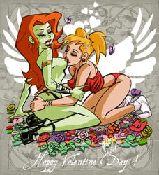 2d 2girls batman:_the_animated_series batman_(series) breasts dc_comics dcau female female_only flowers green-skinned_female green_skin harleen_quinzel harley_quinn high_heels multiple_girls nipples poison_ivy poison_ivy_(dcau) socks sucking_nipples valentine's_day x-estacado yuri