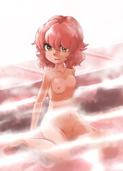 breasts brown_eyes curly_hair female fire_emblem fire_emblem_echoes:_shadows_of_valentia fire_emblem_gaiden genny_(fire_emblem) navel nintendo nipples nude partially_submerged pink_hair pussy sitting small_breasts solo