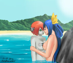 2012 a.b.a arm_grab artist_signature beach blue_hair blush breast_press breasts closed_eyes dated dizzy_(guilty_gear) duo eye_bags female green_eyes grey_skin guilty_gear hair_over_one_eyes hug katzueki long_hair multiple_girls nipples nude orange_hair outdoors partially_submerged rock short_hair smile stone symmetrical_docking water yuri