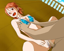 1boy 1girls a_pink_jerry_(artist) bikini_top bikini_top_only bottomless censored censored_penis censored_pussy dubious_consent female grope groping male mosaic_censoring nami one_piece pre-timeskip pubic_hair questionable_consent skypiea topwear_only unseen_male_face