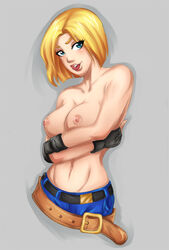 ata_yami belt black_gloves blonde_hair blue_eyes blue_mary breasts cropped_legs female fingerless_gloves gloves king_of_fighters looking_away naughty_face navel nipples posing short_hair tongue topless