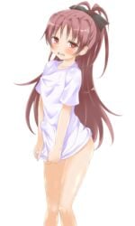 blush bow bulge cameltail covering covering_crotch erect_nipples futanari hair hairbow intersex mahou_shoujo_madoka_magica misfit_funny nipples open_mouth penis penis_under_clothes pussy red_eyes red_hair sakura_kyouko shirt_only