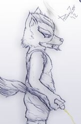 anthro bowzer_(artist) fur furry male male_only monochrome peeing penis side_view solo standing standing_pee star_fox urinating urinating_male urination urine urine_stream wolf wolf_o'donnell