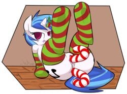 anal anal_sex equine female friendship_is_magic horn improvised_dildo looking_at_viewer lying mistletoe my_little_pony on_back penetration purple_eyes socks solo thighhighs unicorn vaginal_penetration vinyl_scratch_(mlp) whoop