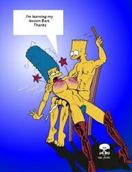 bart_simpson breast_torture breasts color english_text female high_heel_boots high_heels human incest male marge_simpson nipples nude sitting straight tagme text the_fear the_simpsons torture vulva