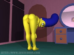 3d ass back_view bent_over blue_hair color female female_only hair human indoors long_hair marge_simpson nude solo tagme the_simpsons vulva yellow_skin zst_xkn