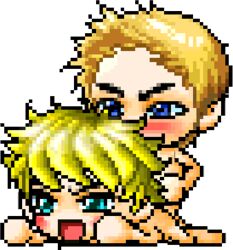 16-bit accurate_art_style blonde_hair blue_eyes blush green_eyes huge_head maplestory nude open_mouth pixel_art short_hair transparent_background