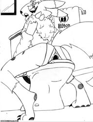 anthro back_view digimon doc_icenogle female female_only fur furry indoors monochrome renamon sitting solo straddle tagme tail toilet