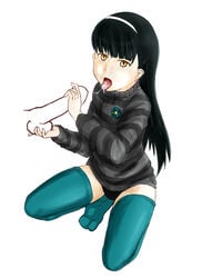 ball_fondling black_panties blue_legwear blunt_bangs bottomless cum_trail flower headband long_hair open_mouth sasa_kazamori striped_shirt turtleneck un-go white_background yellow_eyes