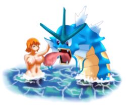 breast_lick breasts chelostracks color female feral fins generation_1_pokemon gyarados gym_leader human in_water interspecies kasumi_(pokemon) licking licking_breast nintendo nipples nude orange_hair pokemon pokemon_rgby pokephilia sea_serpent size_difference smiling tongue tongue_out white_background