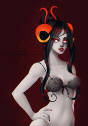 1girls black_hair bra breasts damara_megido female grey_skin hair_bun hand_on_hip homestuck horns lingerie long_hair looking_at_viewer ms_paint_adventures nail_polish nipple_piercing nipples piercing qoppa red_background red_lips red_nipples see-through simple_background solo translated troll white_eyes