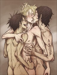 blonde_hair brothers gay group_sex male male_only monkey_d_luffy multiple_boys one_piece portgas_d_ace sex siblings syb tattoo threesome tongue vinsmoke_sanji yaoi