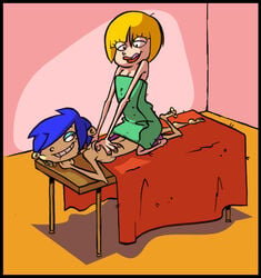 2girls accurate_art_style blonde_hair blue_hair bob_cut ed_edd_n_eddy eyeshadow female hair_over_one_eye human kanker_sisters licking_lips lipstick marie_kanker massage multiple_girls nazz_van_bartonschmeer straight_hair towel underboob yuri