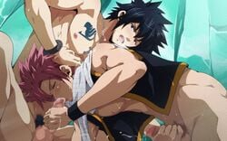 2boys animated black_hair black_monkey clothed_on_nude cum fairy_tail gay gray_fullbuster handjob male male_only mazjojo multiple_boys natsu_dragneel nude oral penis pink_hair scarf tattoo yaoi