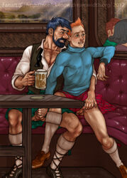 2boys beer beer_mug biting_own_lip black_hair blue_eyes blush booth bow_tie captain_haddock crossed_legs cum cum_on_hands duo_focus erect_nipples_under_clothes exposed_balls gay gay_handjob gay_sex ginger_hair green_eyes handjob holding_penis kilt kilt_up male male_only masturbating_other mutual_handjob nipple_bulge nonick4now open_shirt orgasm_face penis_grab public socks_and_shoes spread_legs stealth_masturbation stroking_cock the_adventures_of_tintin tintin veiny_penis yaoi zellyland