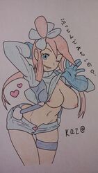 blush breasts clothes color female female_only human kaz nipples pokemon pokemon_bw skyla_(pokemon) solo standing tagme wink