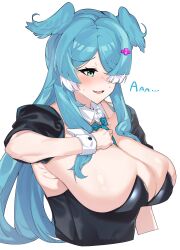 adjusting_clothes blue_hair blush bunnysuit cleavage detached_collar dragon_girl elira_pendora embarrassed hair_over_one_eye head_wings huge_breasts large_breasts max_goodweather nijisanji nijisanji_en overflowing_breasts sideboob sweat tie_between_breasts virtual_youtuber white_background