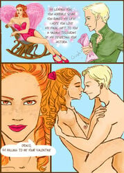 1girls carrying_partner comic dialogue draco_malfoy english_text female ginny_weasley gryffindor harry_potter karasu_hime lingerie nipples sex slytherin speech_bubble standing_sex straight tagme text witch_(harry_potter)