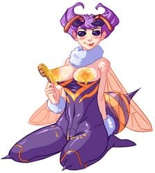 blush breasts clothing dark dark_(artist) darkstalkers honey large_breasts monster_girl purple_hair q-bee