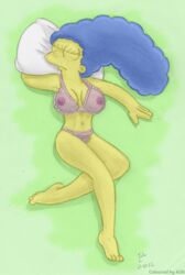 a2b barefoot blue_hair breasts clothes color cordless female female_only hair human injury lying marge_simpson on_back pillow solo tagme the_simpsons