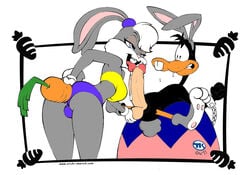 2boys anal_insertion androgynous anthro balls bugs_bunny canon_crossdressing carrot crossdressing daffy_duck duck fake_breasts femboy fembugs_bunny girly lola_bunny_(cosplay) looney_tunes penis rabbit soft_feathers space_jam trap turk128