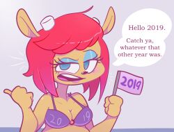 1female 1girls 2019 afroninja360 bare_shoulders blue_eyes bra breasts celebration cleavage dated english_text female female_focus female_only flag girl girl_only happy_new_year holding holding_flag holding_object holidays lammy_lamb mouth_open object open_mouth parappa_the_rapper red_hair solo solo_female solo_focus speech_bubble text text_bubble um_jammer_lammy year