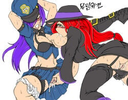 black_panties blush breast_sucking breasts caitlyn_kiramman cops_and_robbers_series crime_city_miss_fortune debonair_series fingering hair_over_one_eye kimmundo league_of_legends miss_fortune officer_caitlyn open_clothes open_shirt panties panties_around_leg panties_down pussy pussy_juice sweat tagme the_grind_series thighhighs white_panties yuri