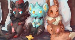 black_fur black_nose blue_eyes blue_fur brown_fur colored eevee erection female front_view fur furry_ears furry_tail interspecies looking_at_viewer male multiple_males nude open_eyes orange_eyes paws penis pillow pink_nose pointy_ears pokemon pokemon_(species) pussy red_fur round_ears shinx sitting smile tail testicles uncensored vulva yellow_eyes zorua