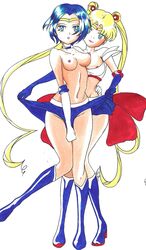 2girls ami_mizuno bishoujo_senshi_sailor_moon blonde_hair blue_eyes blue_hair boots breasts clothing female female_only knee_boots multiple_girls nipple_slip nipples rozothoth sailor_mercury sailor_moon skirt small_breasts tagme topless usagi_tsukino yuri