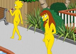 2girls allison_taylor brown_hair female female_only human lisa_simpson mike4illyana multiple_females multiple_girls nude smile swimming_pool tagme the_simpsons yellow_body yellow_hair yellow_skin