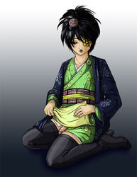 androgynous black_hair black_legwear canon_genderswap eye_patch fti_crossgender futa_only futanari gintama haori intersex japanese_clothes kimono kimono_lift obi official_alternate_costume penis short_kimono solo tagme thigh_boots thighhighs yagyuu_kyuubei