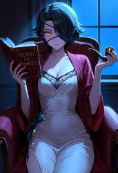 1girls ai_generated black_hair book cinder_fall humor long_hair looking_at_viewer negligee pipe reading reading_book rwby smoking_pipe tagme