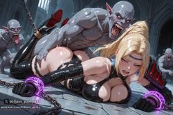 1girl ai_generated armor ass ass_grab bdsm black_gloves blonde_hair blue_eyes blush bondage boots bound breasts chain chained cleavage colored_skin dead_or_alive defeated defeated_heroine earrings elbow_gloves elf gloves hetero high_heel_boots high_heels jewelry large_breasts long_hair lying multiple_boys muscular ninja_gaiden on_stomach open_mouth orc pauldrons pointy_ears ponytail prone_bone rachel_(ninja_gaiden) rape restrained saliva sex sex_from_behind shoulder_armor sweat teeth thigh_boots thighhighs tongue tongue_out villain_party69