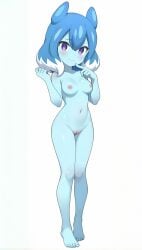 1girls ai_assisted ai_generated belly belly_buttom blue_hair body_blush cyan_body eyebrows glistening_body inazuma_eleven inazuma_eleven_(series) inazuma_eleven_go inazuma_eleven_go_galaxy level-5 plink_powai powai_pichori purple_eyes solo solo_female solo_focus standing tagme