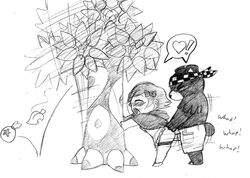 animal_crossing animal_crossing_girl anthro blush breasts clothed clothed_sex crossover doggy_style female_on_anthro from_behind illuminatii male monochrome nintendo penis pokemon small_breasts straight tree ursaring villager_(animal_crossing)